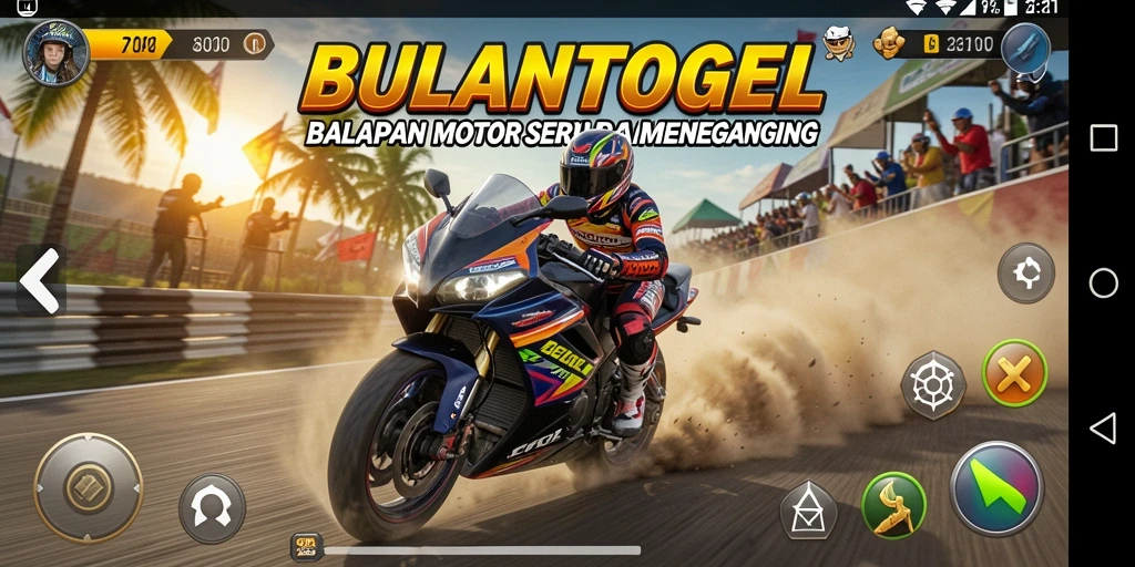 Tampilan gameplay BULANTOGEL dengan pembalap motor yang beradu kecepatan di trek menantang.
