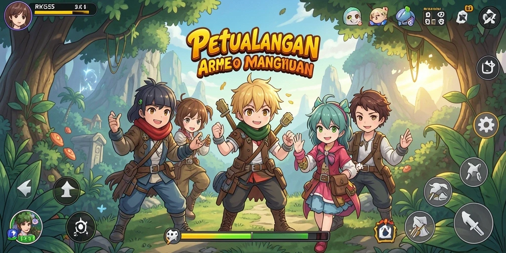 Tampilan gameplay RK55 dengan karakter anime yang dinamis.
