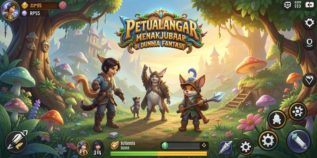 Screenshot utama RP55 menampilkan gameplay penuh aksi dalam dunia petualangan.
