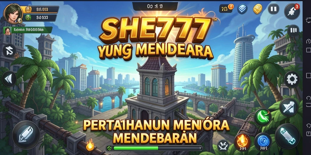 Tampilan gameplay menarik dari <strong>SHE777</strong> dengan menara yang strategis.